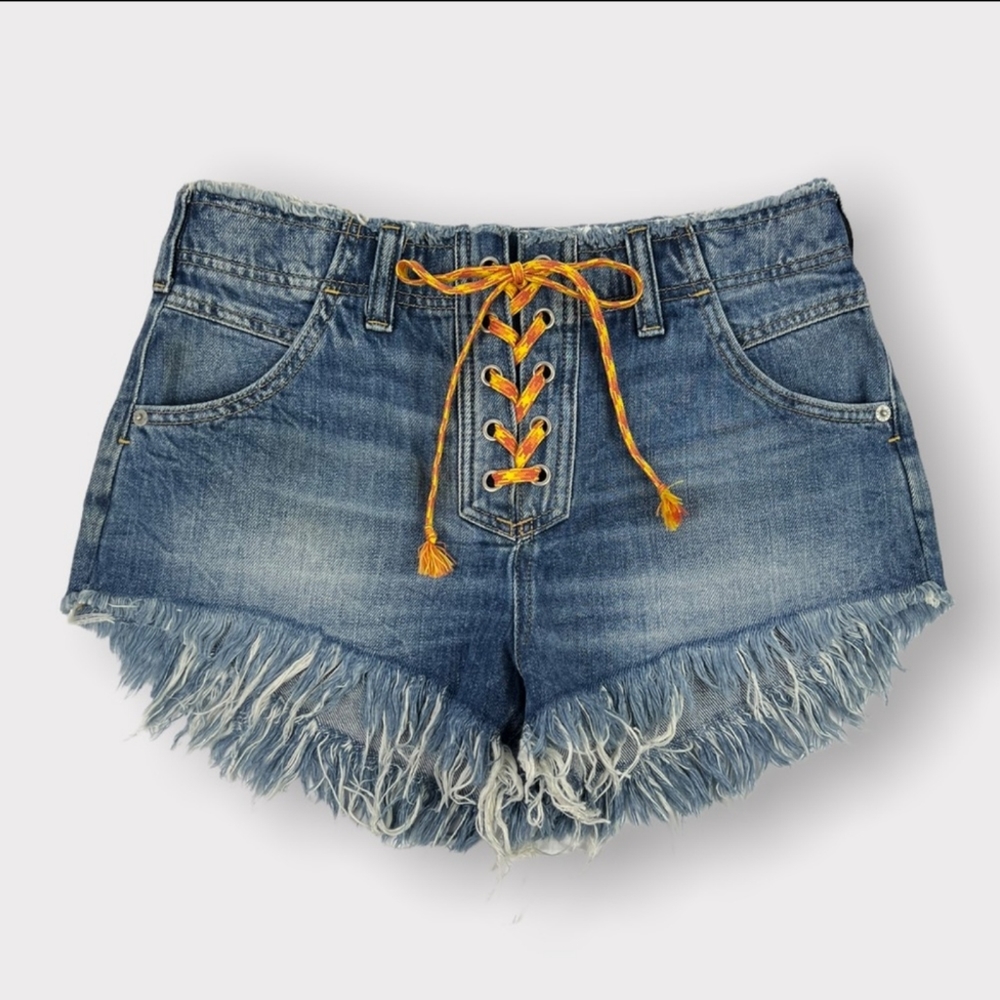 Free People Blue Denim High Waist Fringe Shorts with Yellow Lace